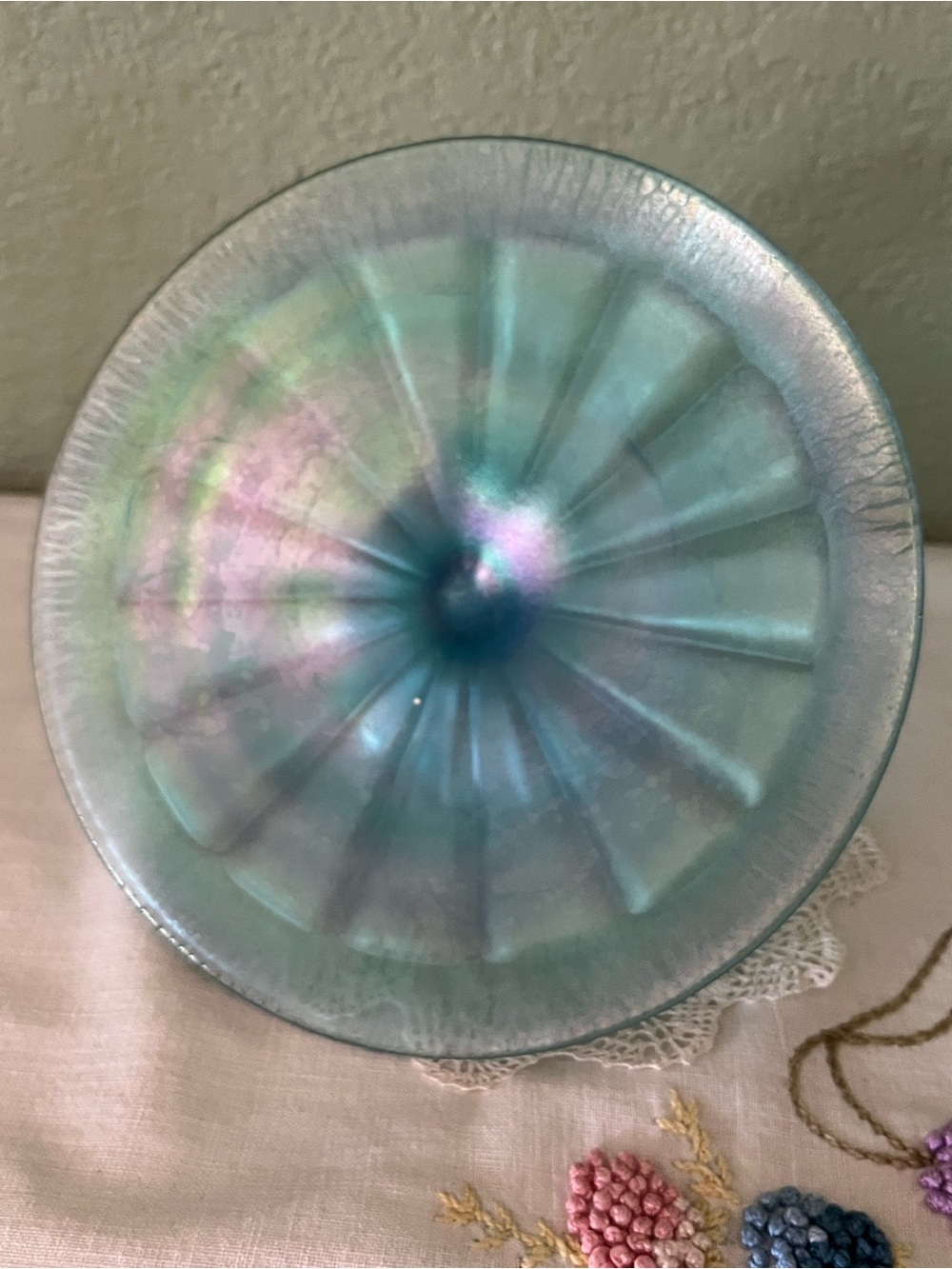Antique Fenton Celeste Blue Stretch Glass Iridescent Pedestal Compote 7”